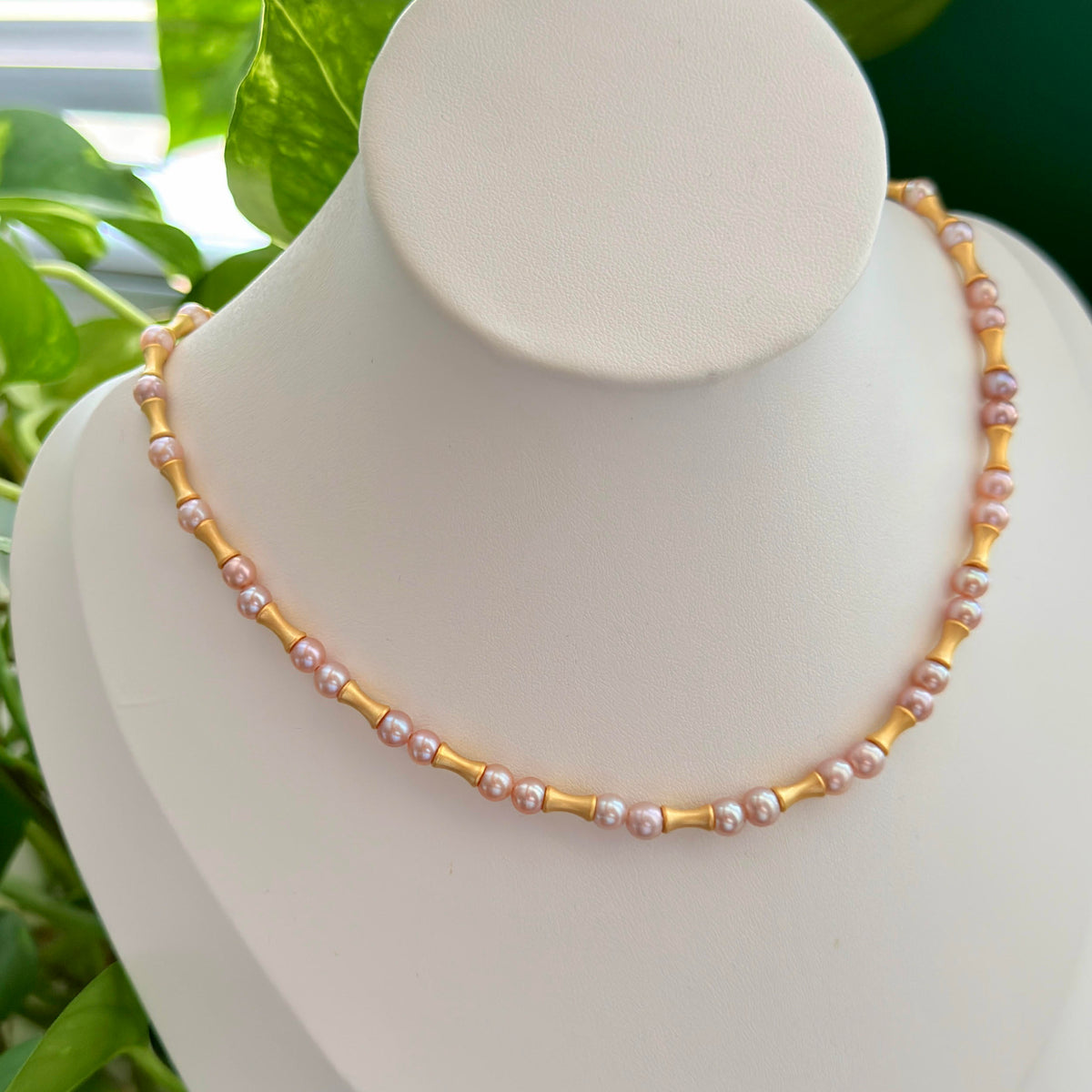 Modern Frosted Gold Bamboo 5mm Orange Freshwater Pearl Necklace