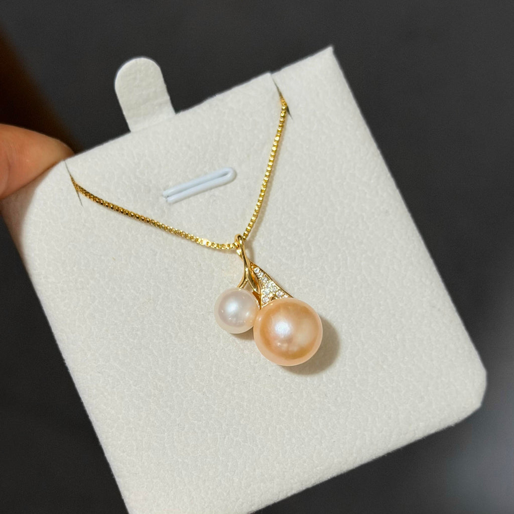 Dual Golden Orange & White Pearl Pendant Necklace