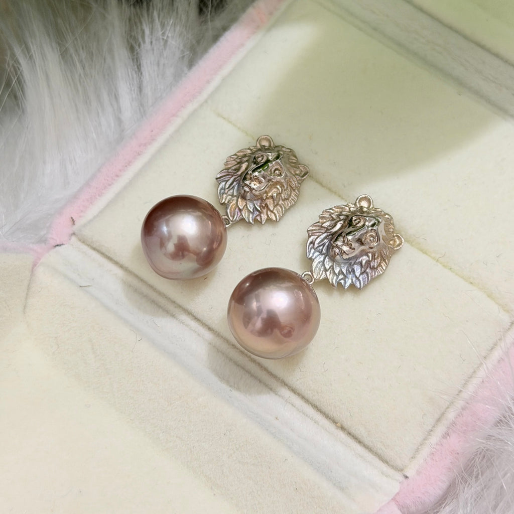 Bold lion earrings featuring 12.5 mm metallic bronze freshwater pearls.