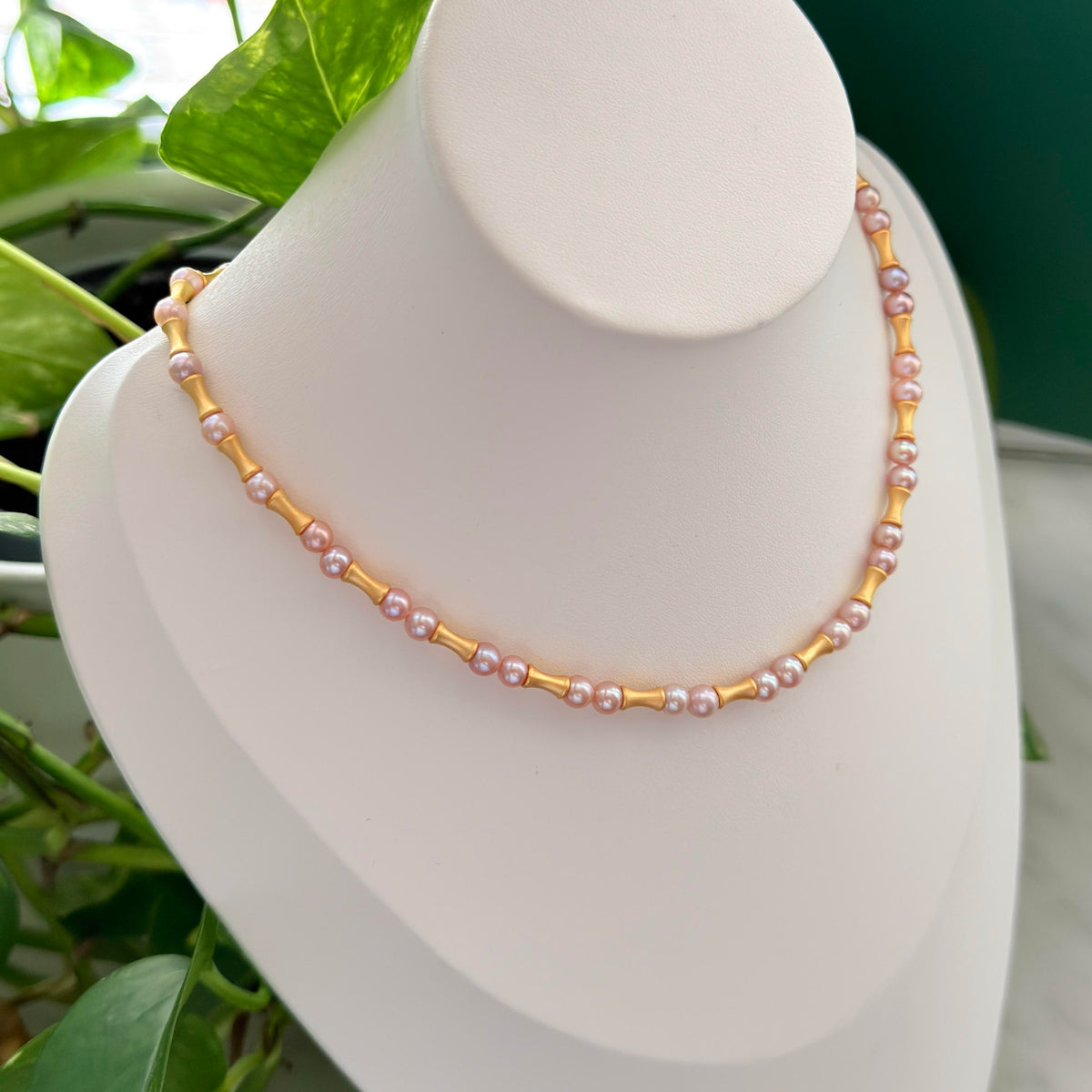 Modern Frosted Gold Bamboo 5mm Orange Freshwater Pearl Necklace