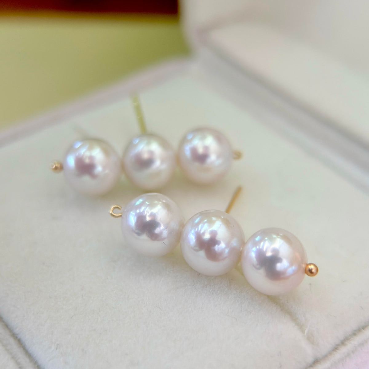 Balance Beam Pearl Stud Earrings – Three 8.5mm White Pearls with Pink Halo
