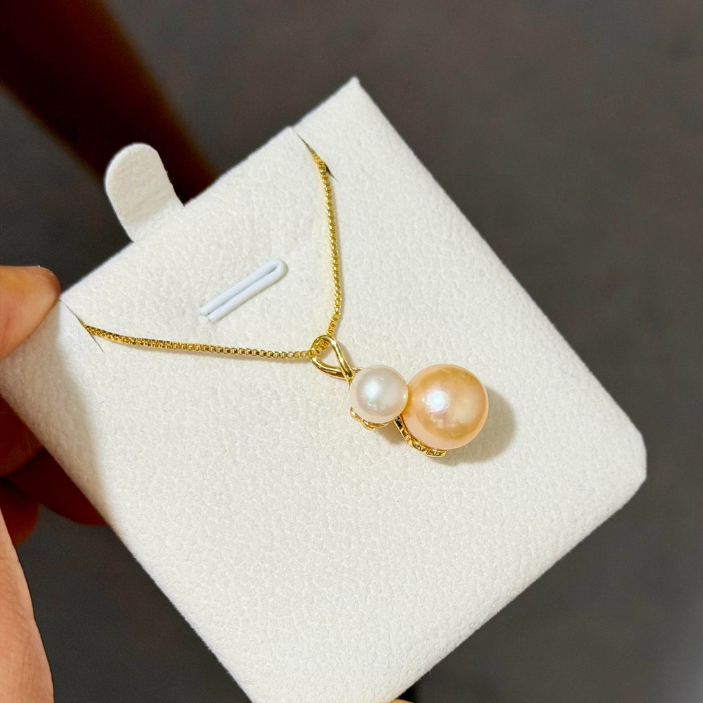 Dual Golden Orange & White Pearl Pendant Necklace