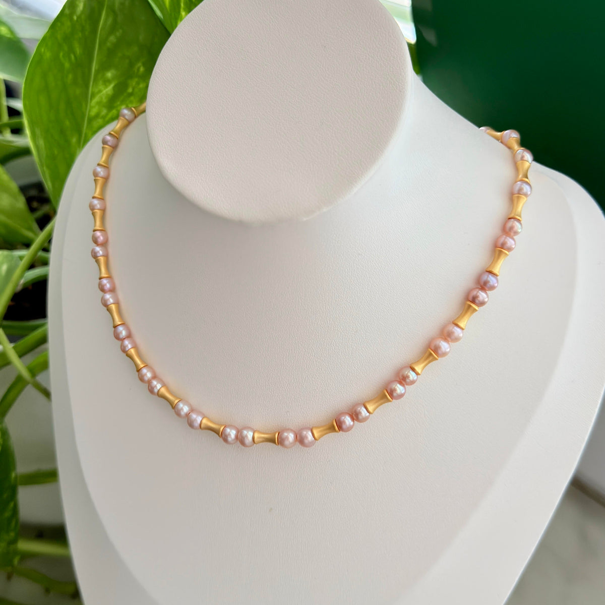 Modern Frosted Gold Bamboo 5mm Orange Freshwater Pearl Necklace