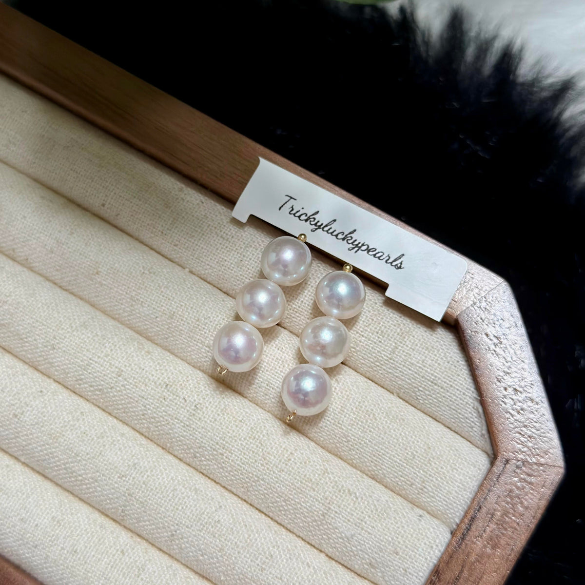 Balance Beam Pearl Stud Earrings – Three 8.5mm White Pearls with Pink Halo