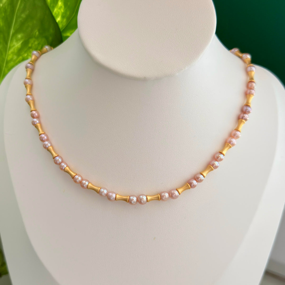 Modern Frosted Gold Bamboo 5mm Orange Freshwater Pearl Necklace