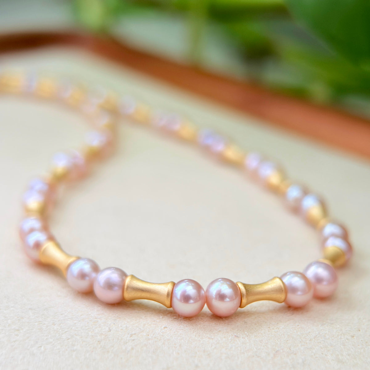 Modern Frosted Gold Bamboo 5mm Orange Freshwater Pearl Necklace