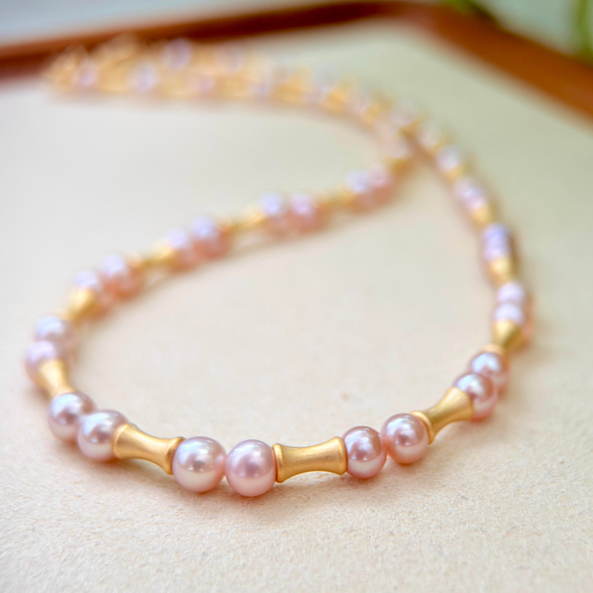 Modern Frosted Gold Bamboo 5mm Orange Freshwater Pearl Necklace