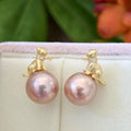 11.6mm Metallic Pink Pearl Cat Earrings – Green Halo Gold-Plated Drop Design