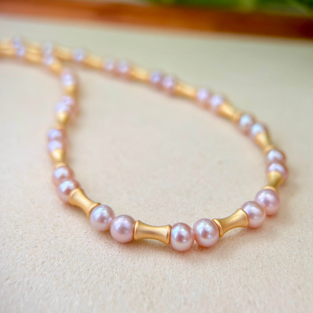 Modern Frosted Gold Bamboo 5mm Orange Freshwater Pearl Necklace