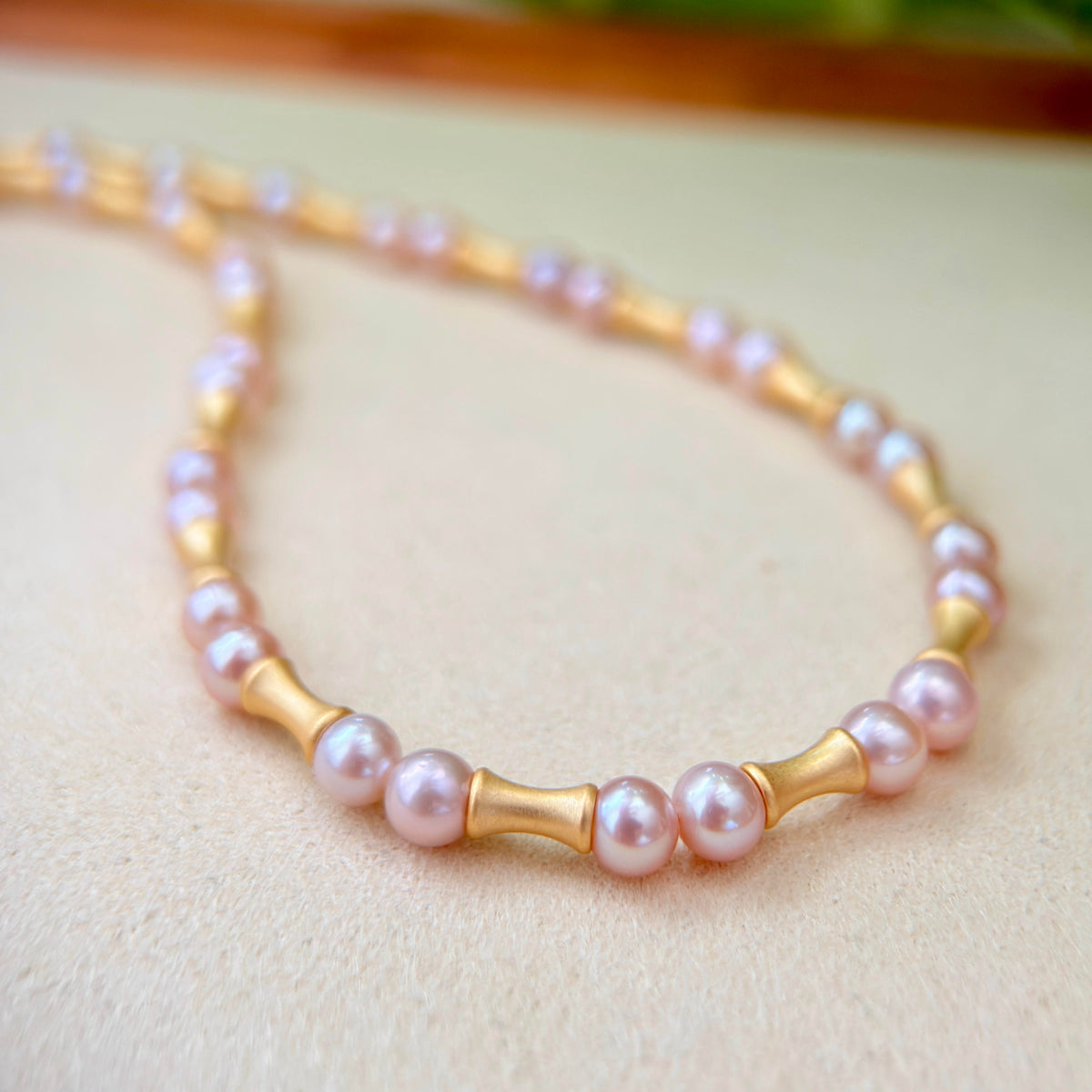 Modern Frosted Gold Bamboo 5mm Orange Freshwater Pearl Necklace