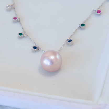 Pearl necklace with colored gemstones