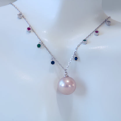 Pearl necklace with colored gemstones