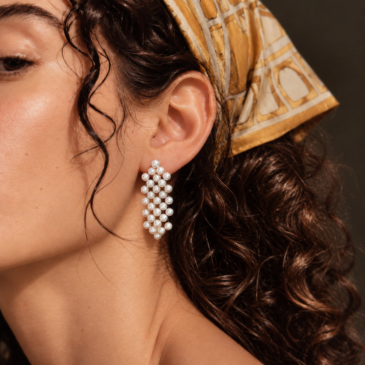 Delicate Woven White Pearl Check Drop Earrings