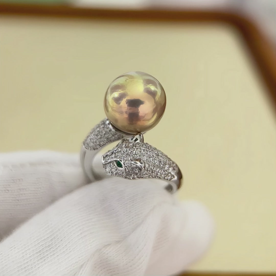 11.9mm Golden Green Pearl Leopard Ring – Reddish Brown Halo