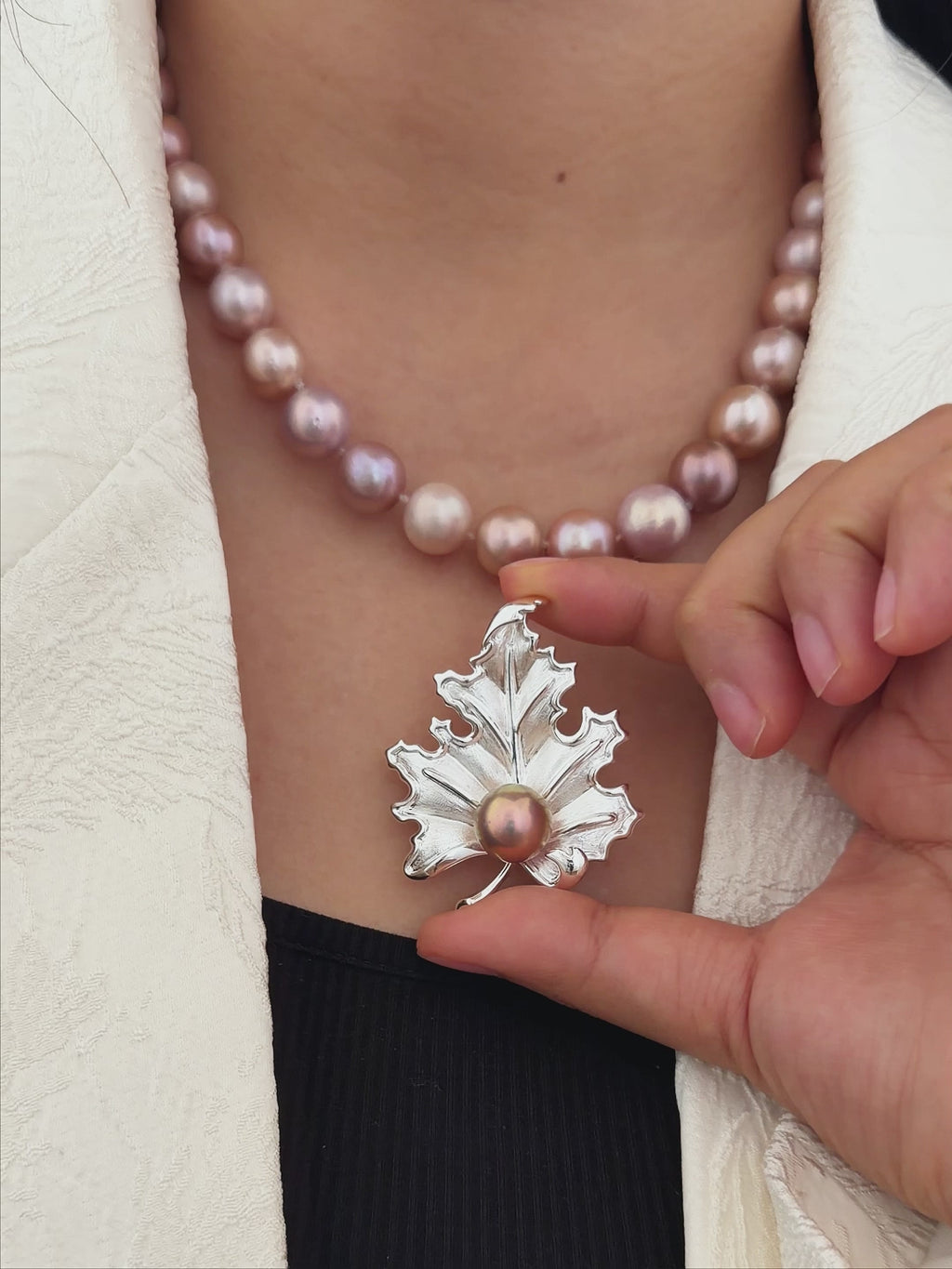 12.3mm Golden Green Pearl Maple Leaf Convertible Brooch Pendant