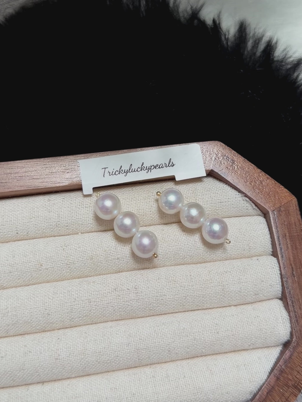 Balance Beam Pearl Stud Earrings – Three 8.5mm White Pearls with Pink Halo