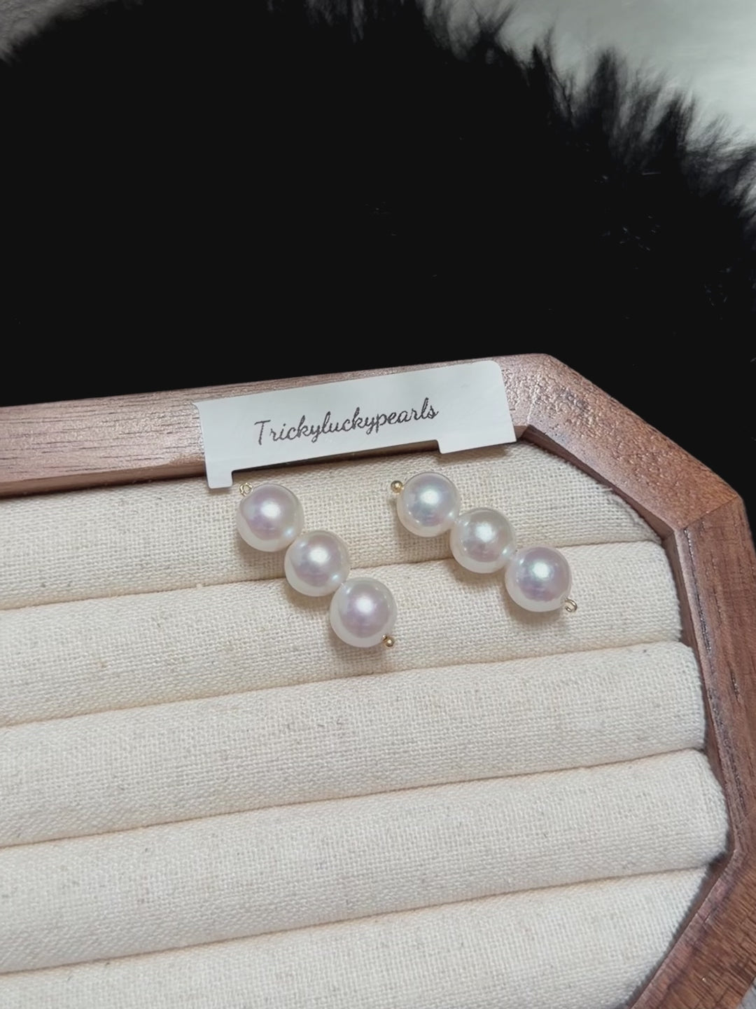 Balance Beam Pearl Stud Earrings – Three 8.5mm White Pearls with Pink Halo