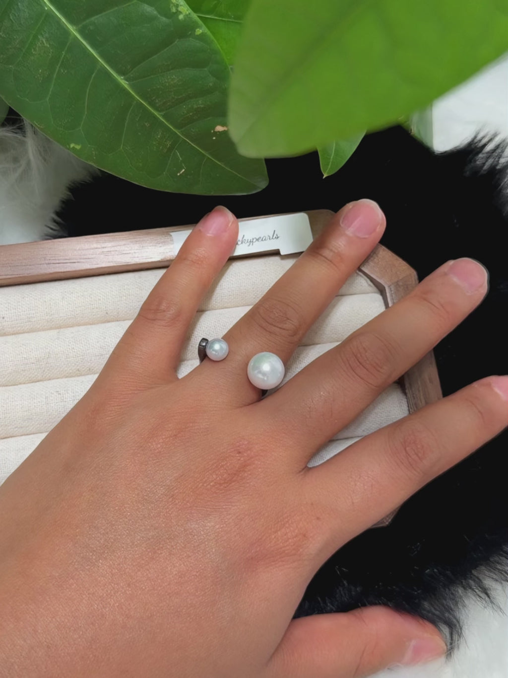 Double White Pearl Open Black Band Ring