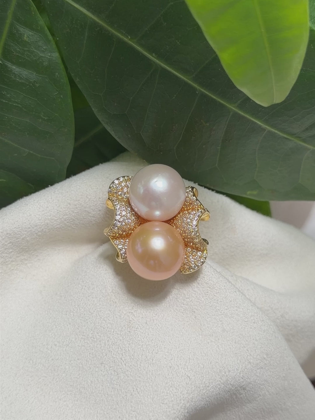 Golden Wave Pearl Ring: 12.2mm Natural Pearls, Diamond-Accented