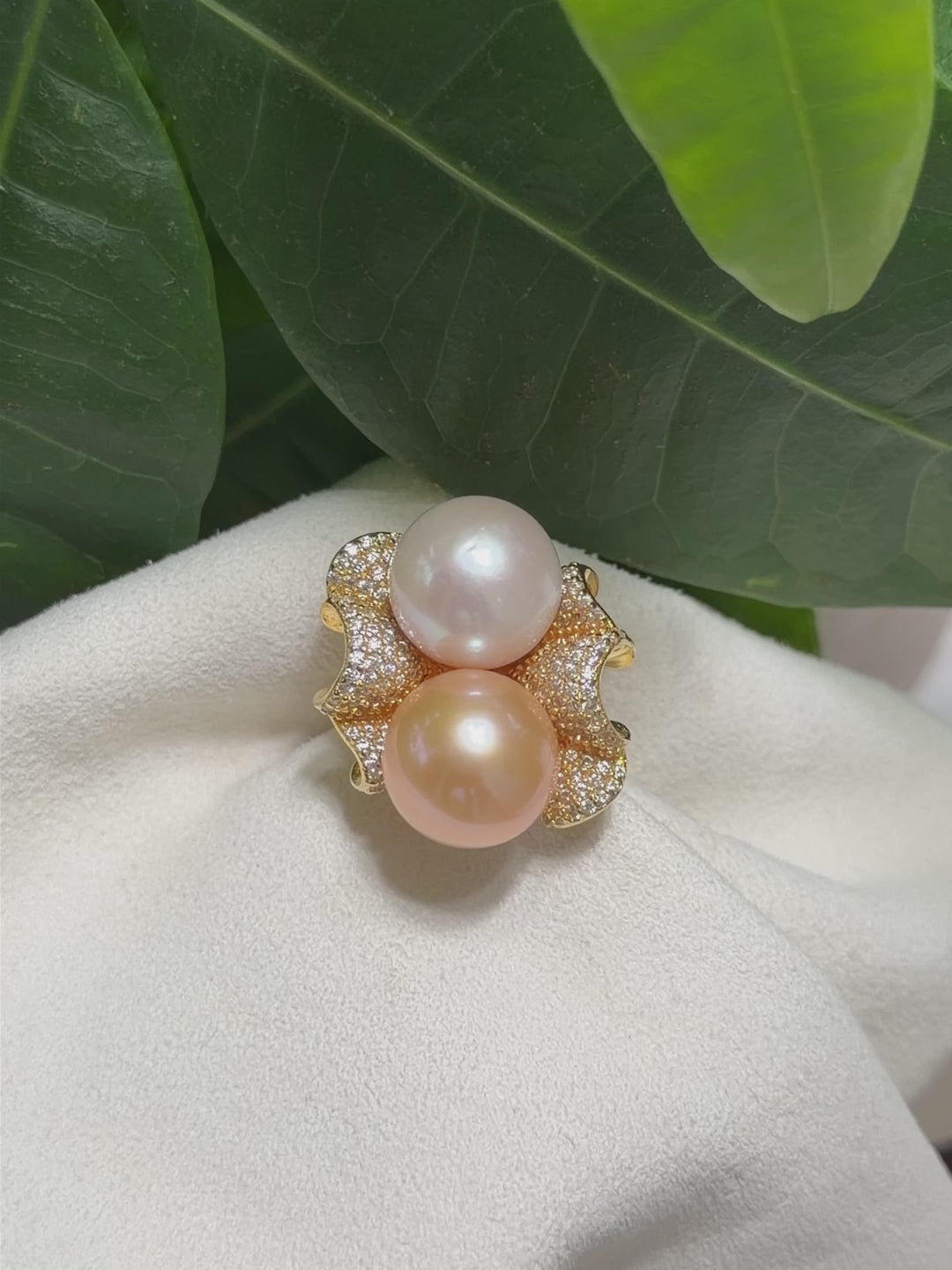 Golden Wave Pearl Ring: 12.2mm Natural Pearls, Diamond-Accented