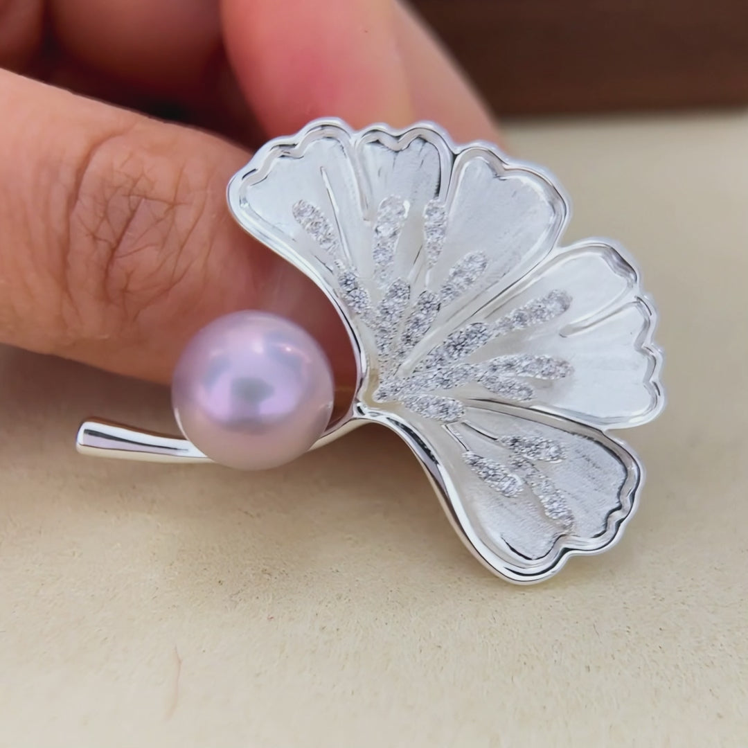 11.6mm Pink-Purple Pearl Ginkgo Leaf Convertible Brooch Pendant – 18K White Gold Plated