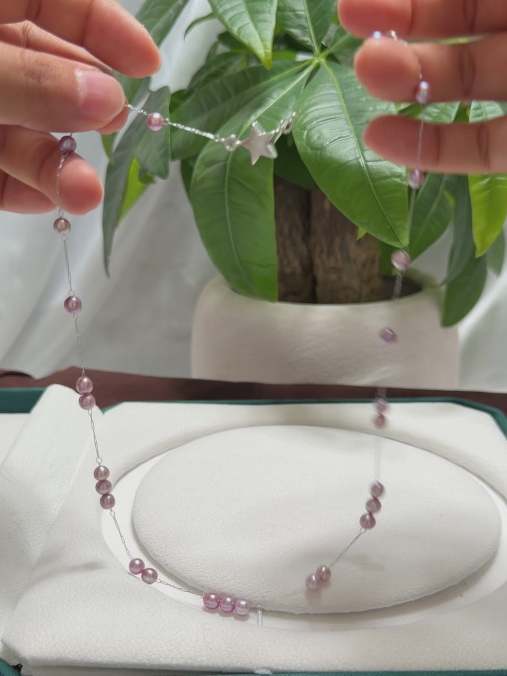 Baby’s-breath-inspired necklace with petite purple freshwater pearls.