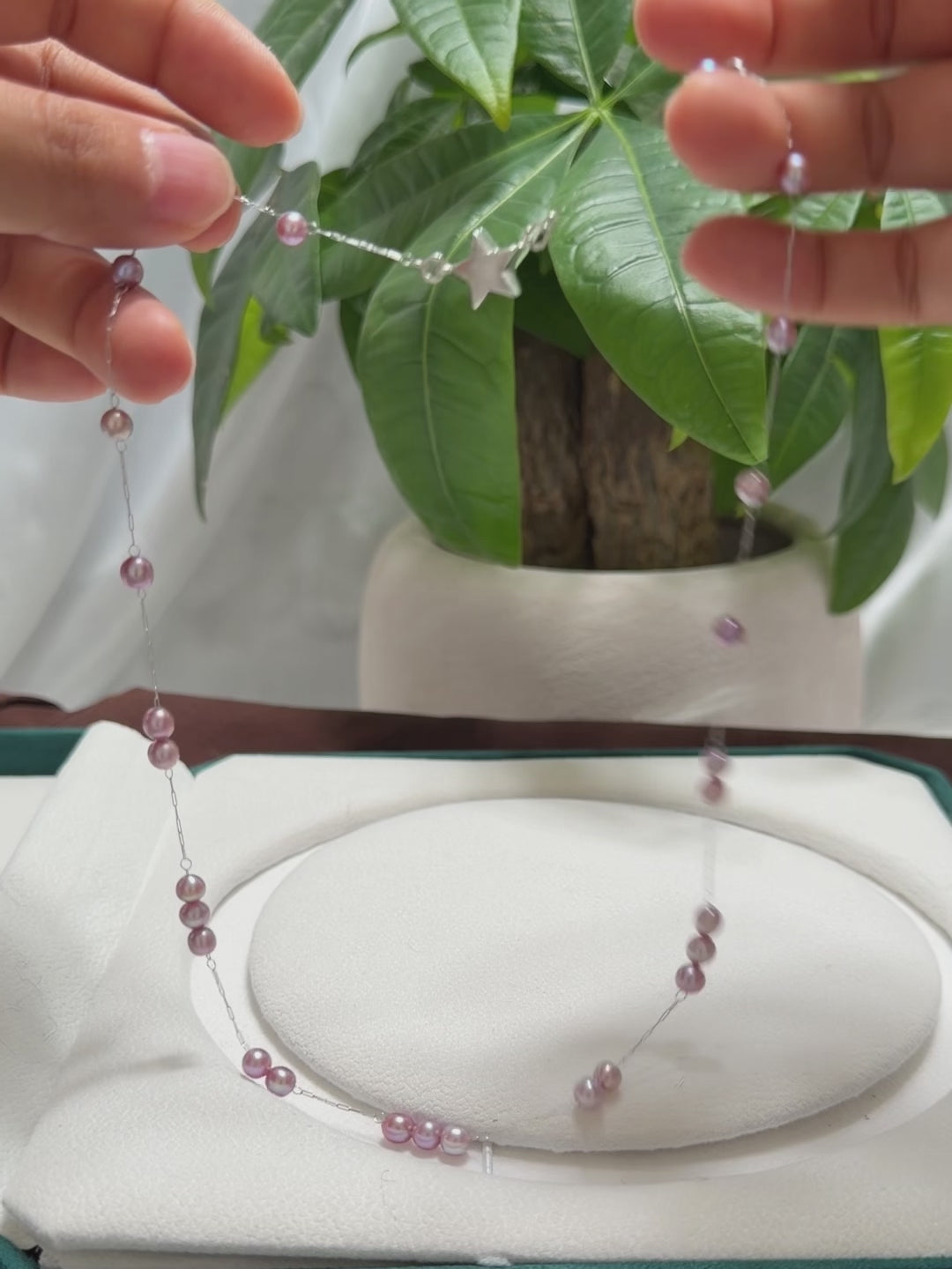 Baby’s-breath-inspired necklace with petite purple freshwater pearls.