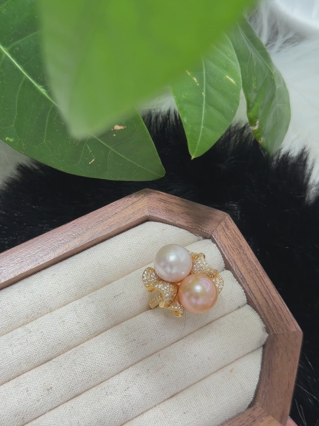 Golden Wave Pearl Ring: 12.2mm Natural Pearls, Diamond-Accented