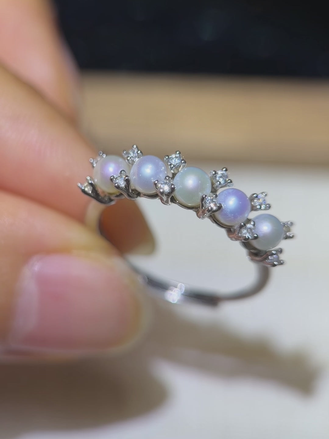Romantic pearl crown ring with luminous freshwater pearls.