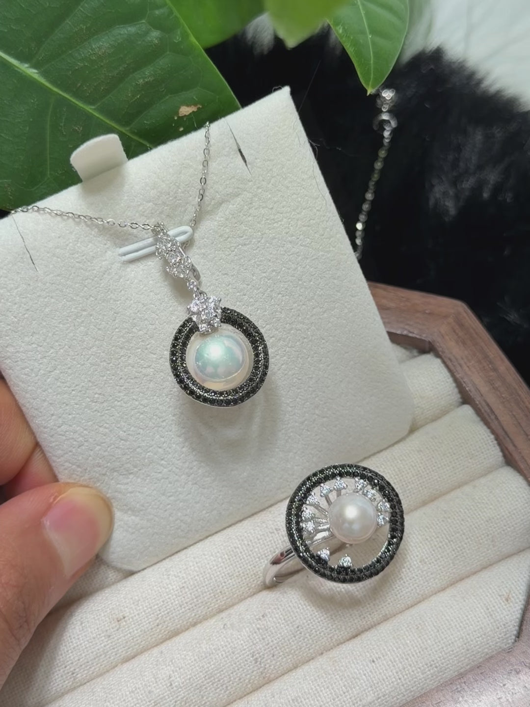 White Pearls Black CZ Pearl Ring & Pendant