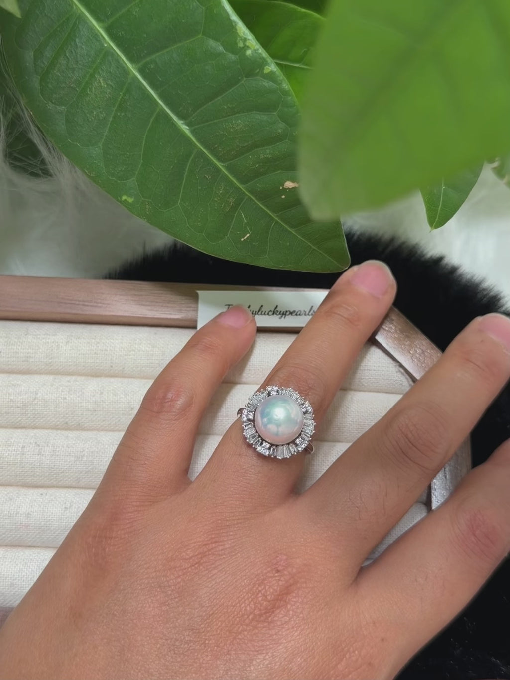 10.3mm Gem-Luster White Pearl Ring - Silver Blue Halo
