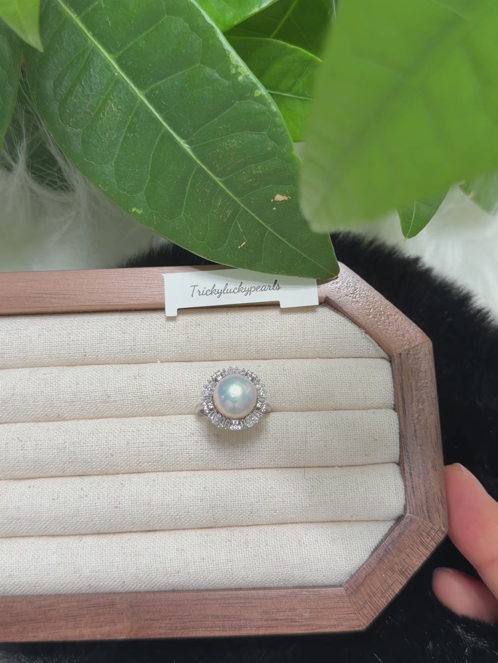 10.3mm Gem-Luster White Pearl Ring - Silver Blue Halo