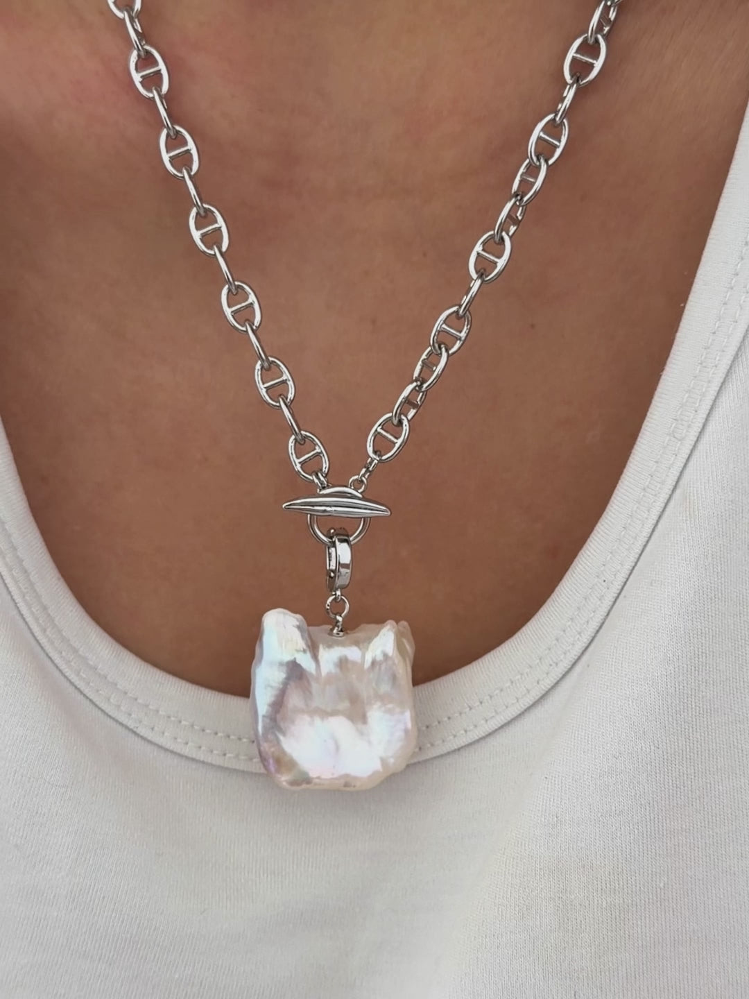 Freshwater pearl jewelry featuring white square baroque pearl pendant on chunky white-gold-plated chain.